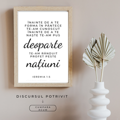 Poster creștin minimalist cu versetul Ieremia 1:5 despre chemare și destin, design alb-negru modern