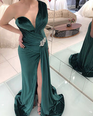 Mermaid Velvet Prom Dresses One Shoulder Side Split-alinanova