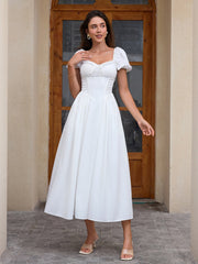 puff sleeve lace trim ruched with pockets midi dress#color_white