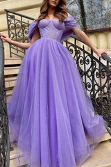 Purple Tulle A Line Long Prom Dress Off The Shoulder Evening Dress TP1087 - Tirdress