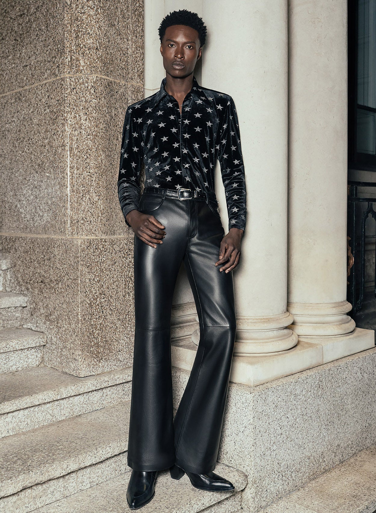 Black Leather Slim Fit Flare Trousers-PhixClothing.com