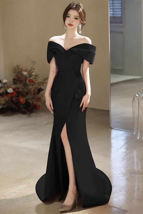 Simple Off Shoulder Satin Mermaid Black Long Prom Dress, Black Long Formal Dress PFP2519