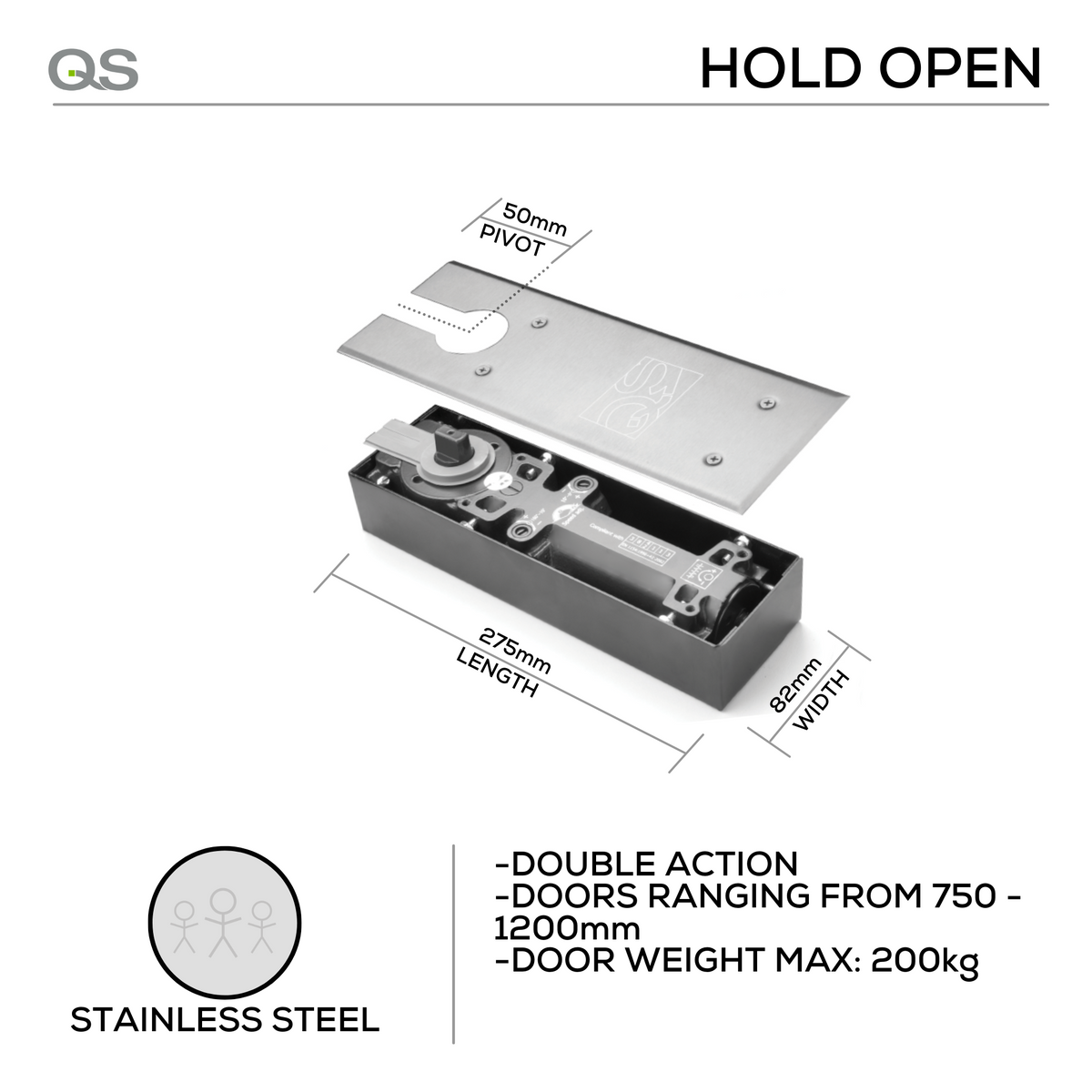 QS899V HO, Floorspring, Double Action, Hold Open, 200 (kg), 1/2/3/4, Top Centre, Bottom Strap, Stainless Steel, QS