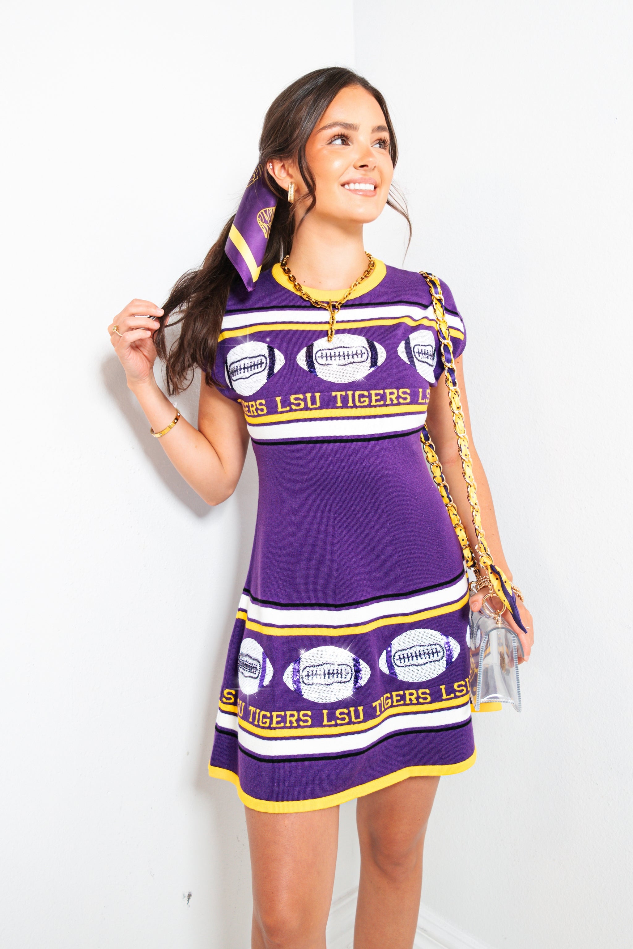 Queen of Sparkles LSU Vintage Football Stripes Sweater Dress