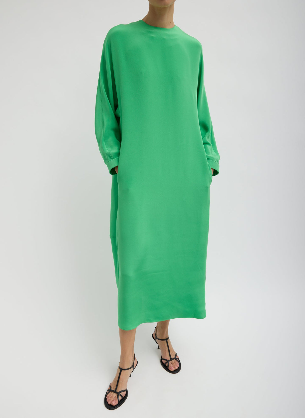 Bright Green 4-Ply Silk Long Sleeve Cocoon Dress - silk midi dress, front view on model