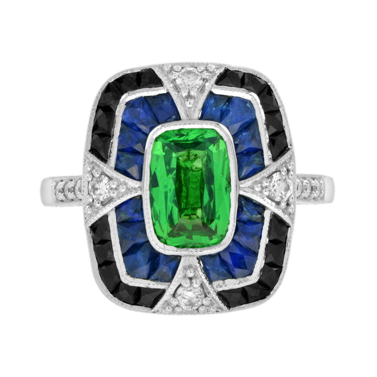 Elongated Cushion Green Tsavorite Sapphire Onyx Diamond Art Deco Style Gold Ring