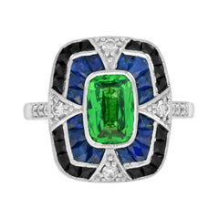 Elongated Cushion Green Tsavorite Sapphire Onyx Diamond Art Deco Style Gold Ring