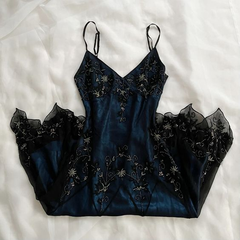 Gorgeous Mermaid Spaghetti Straps Beaded Navy Blue Satin Long Prom Dress SH1150