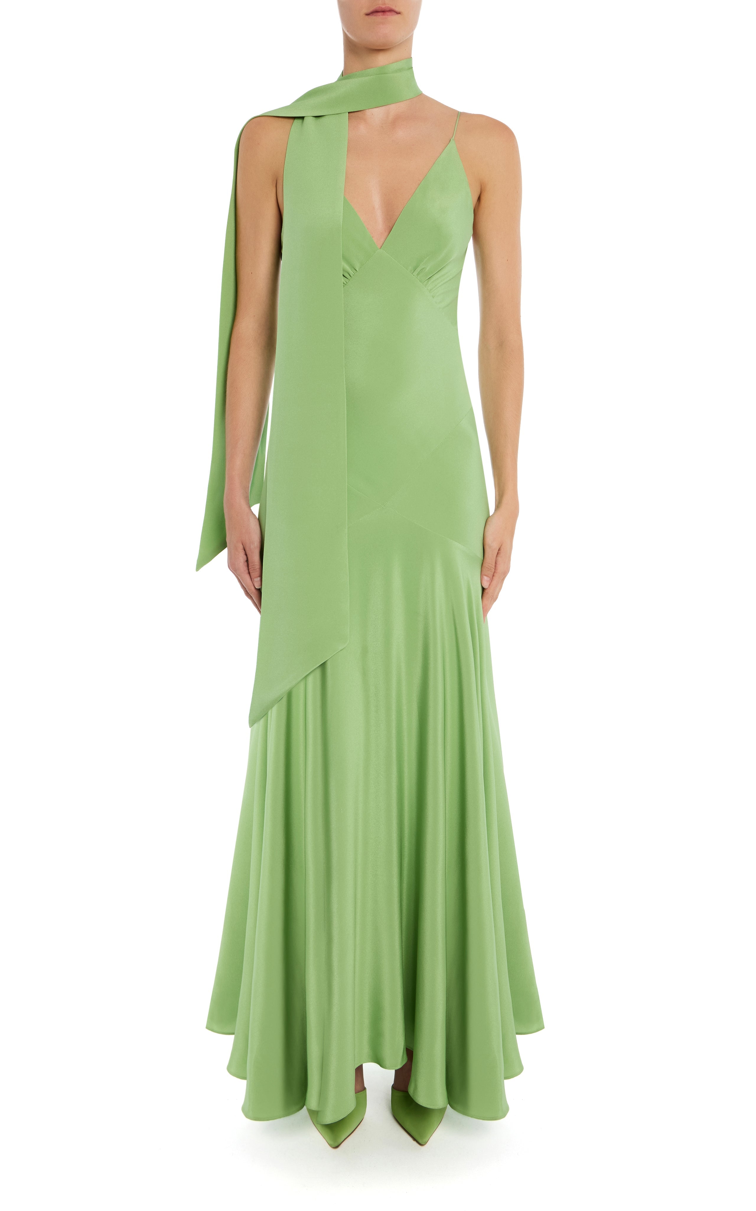 Green Silk Crepe Bias Gown with Scarf