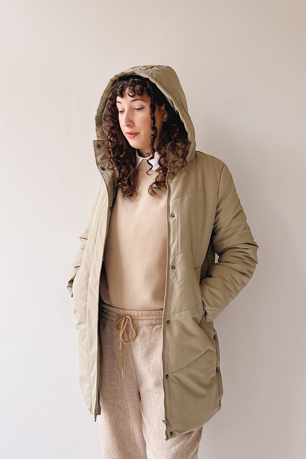 Tuvalu Sage Quilted Coat w/ Side Vents | La petite garçonne on model