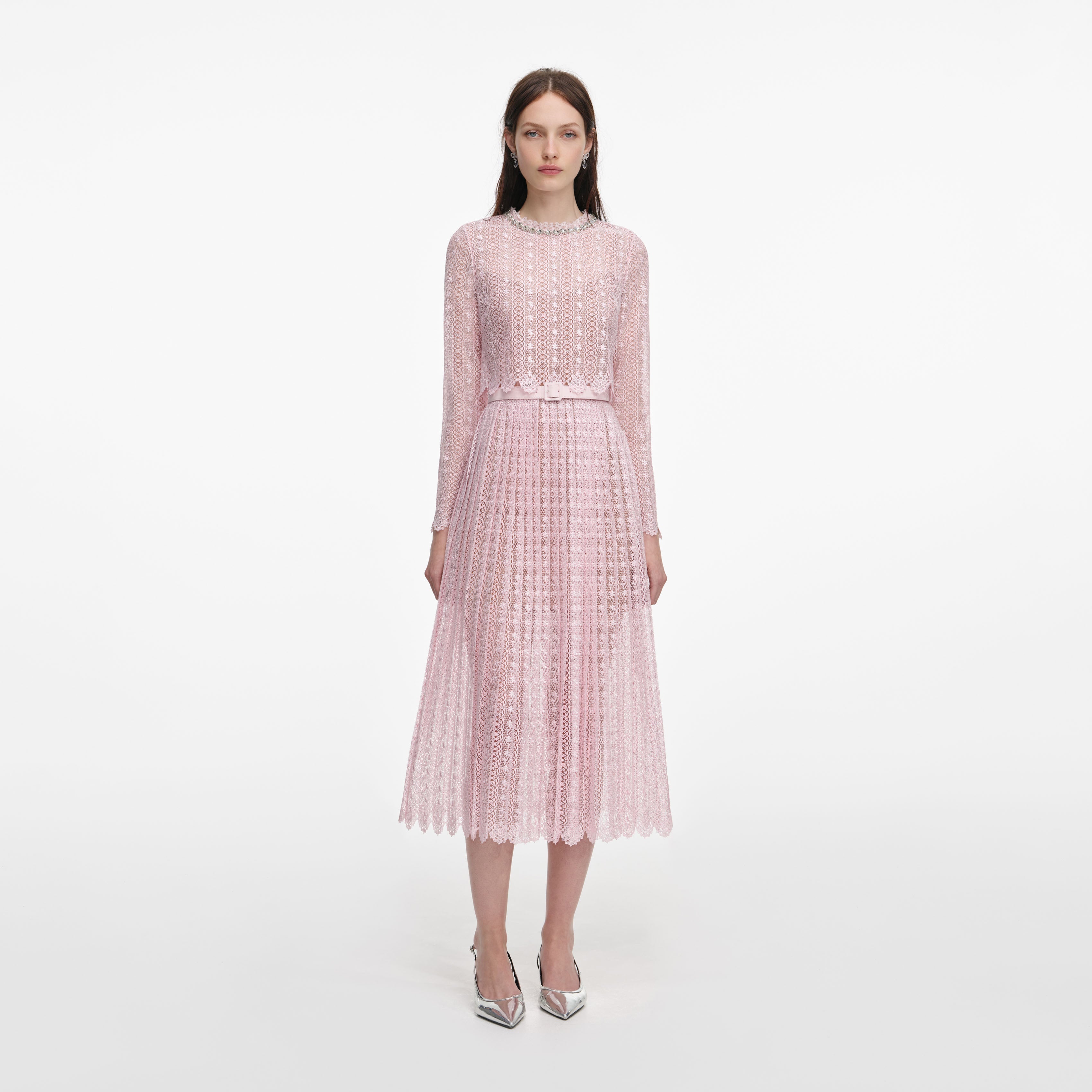 Front view of a woman wearing the Pink Organza Lace Midi Dress