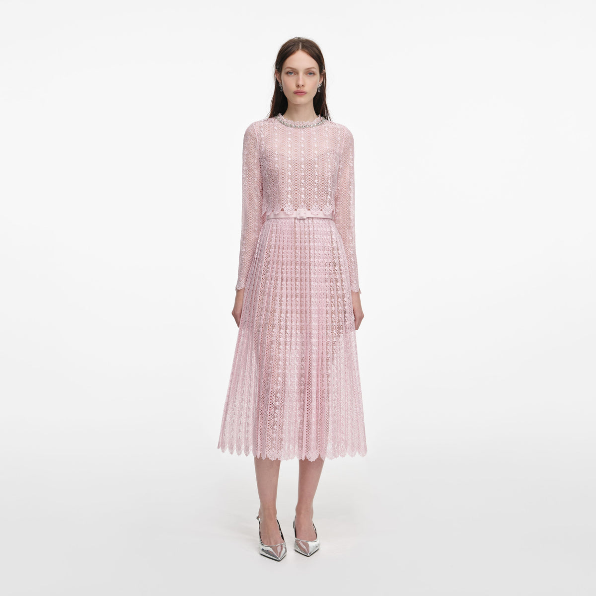 Front view of a woman wearing the Pink Organza Lace Midi Dress