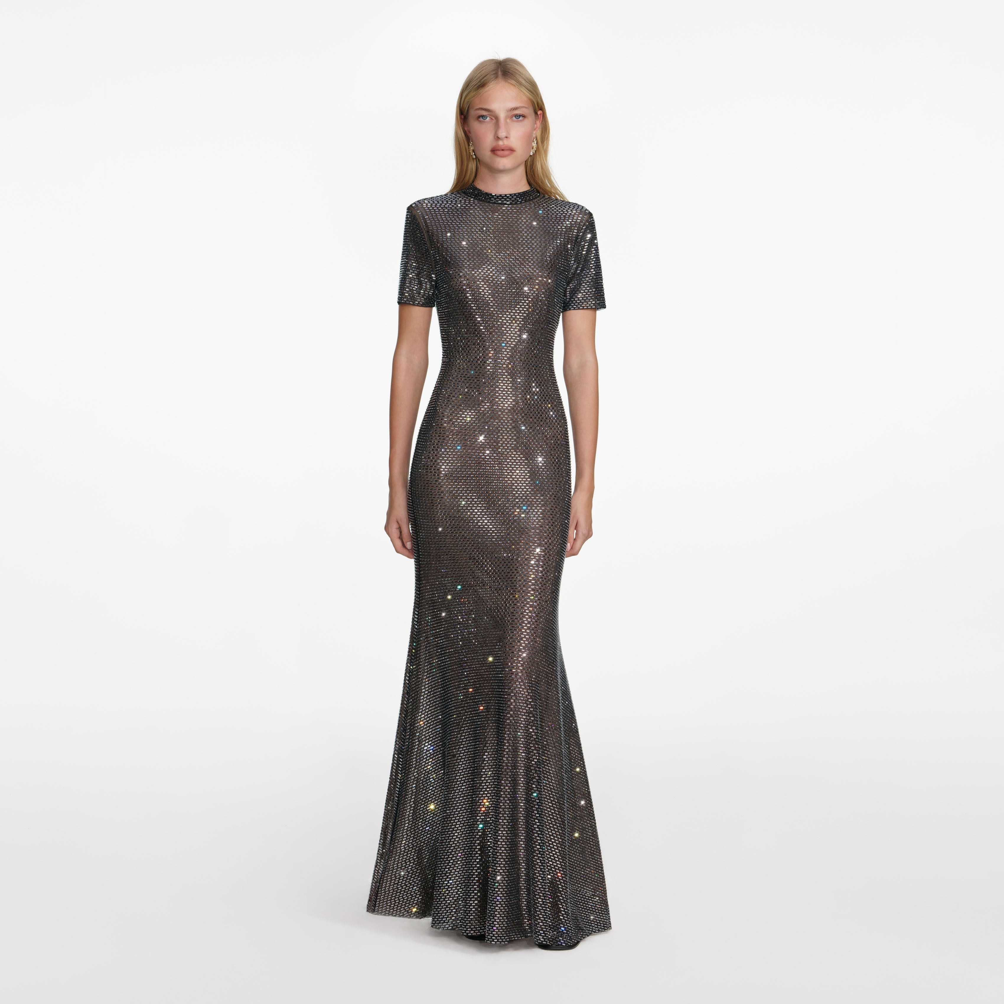Front view of a woman wearing the Gunmetal Rhinestone Mesh Maxi Dress
