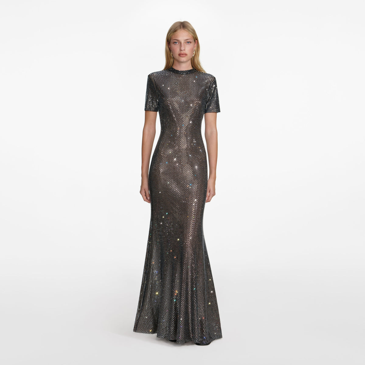 Front view of a woman wearing the Gunmetal Rhinestone Mesh Maxi Dress