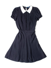 Ralph Lauren Fitted Belted White Collar Dress Black-designer resale