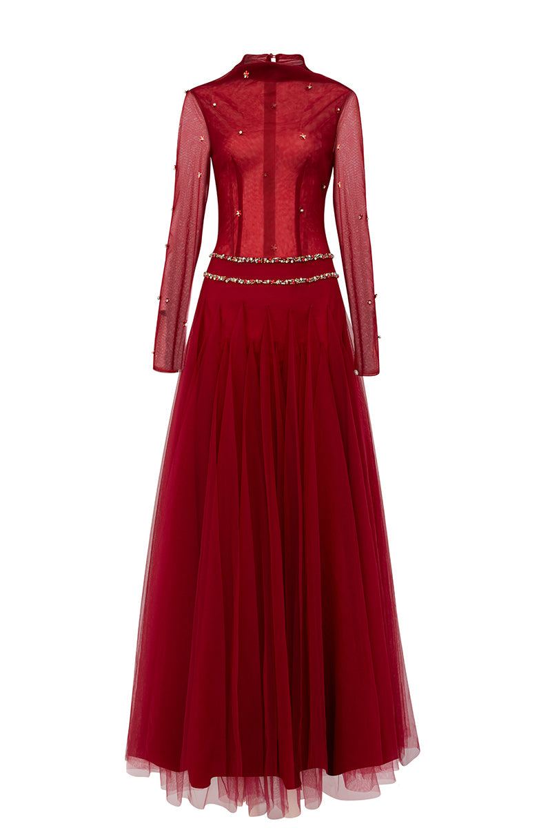 Red bodycon long-sleeved organza maxi dress by Happy Clothing, featuring a fitted silhouette and flowing fabric in vibrant red.
