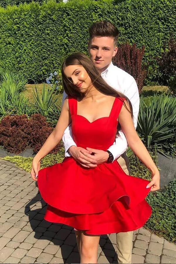 ​Red Satin A-line Sweetheart Backless Homecoming Dresses With Straps, MH555 | homecoming dresses | cheap homecoming dresses | red homecoming dress | musebridals.com