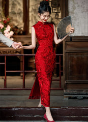 Red lace cheongsam dress