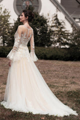 illusion lace back long train bridal dress