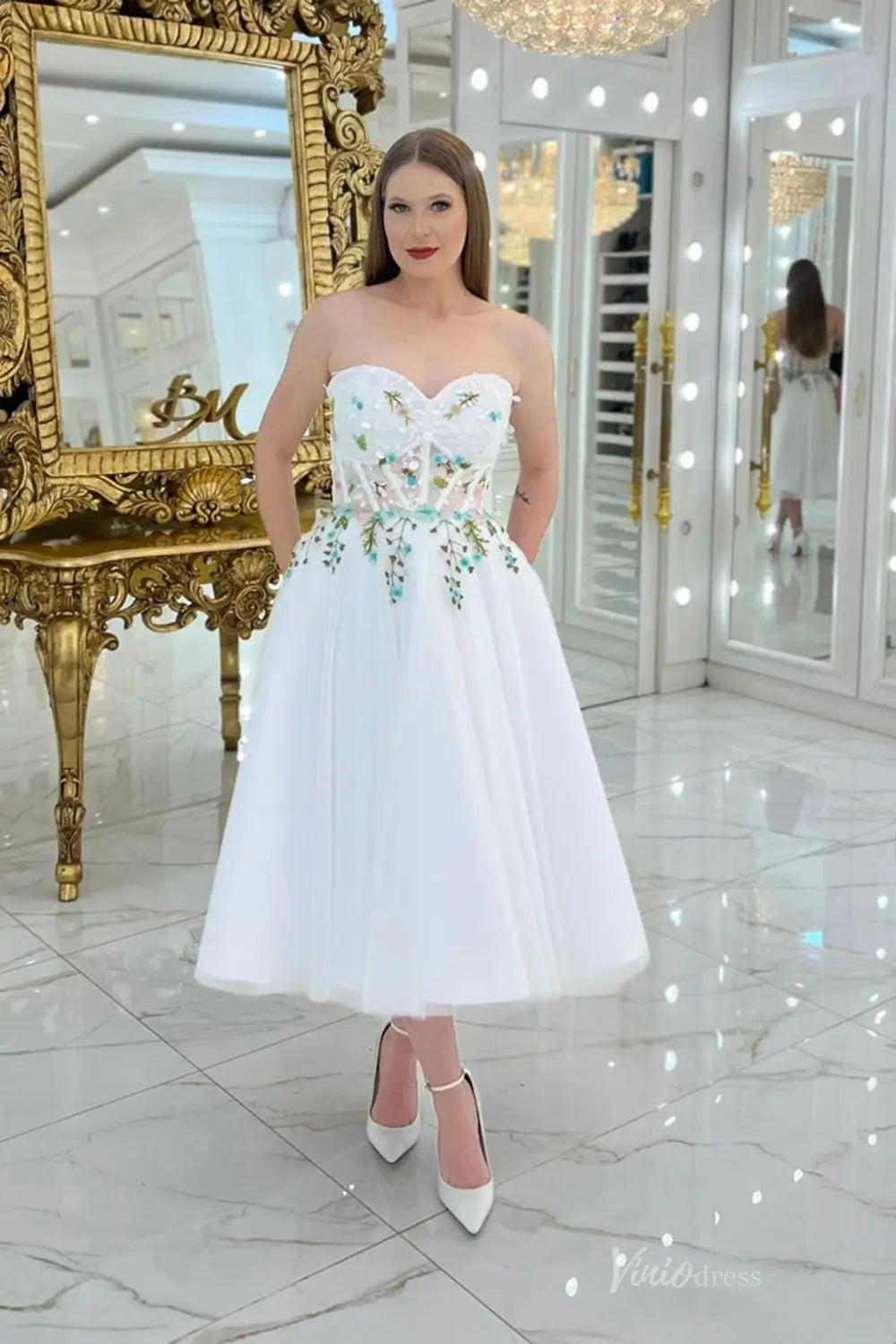 Romantic Short Floral Embroidered Wedding Dress with Sweetheart Bodice & Tea-Length Skirt – FW258-wedding dresses 2025 -Viniodress-Ivory-Custom Size-Strapless