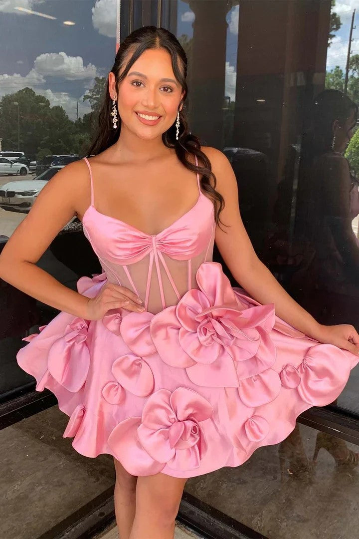 Rosette Straps Pink Corset Homecoming Dress Short Prom Dress PD515-Pgmdress