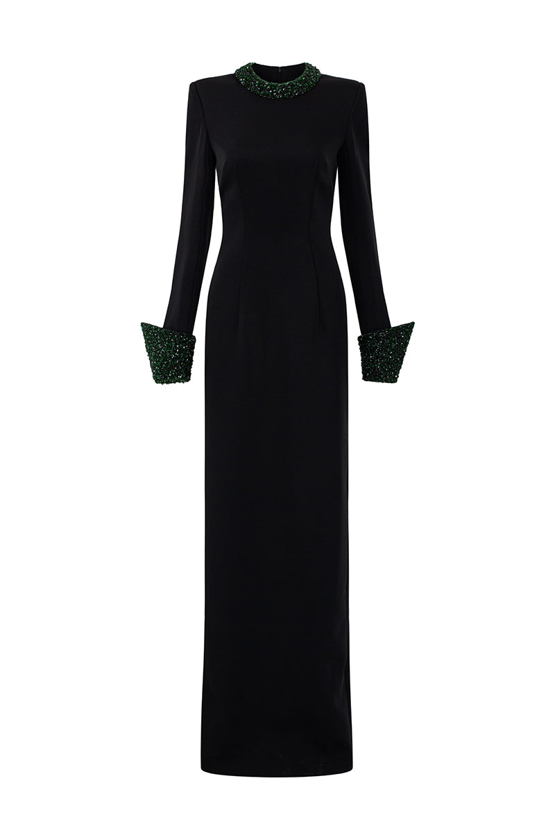 Black crepe silk-lined maxi dress with round neckline, column silhouette, and turn-up cuffs, designed by I.H.F.
