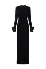 Black crepe silk-lined maxi dress with round neckline, column silhouette, and turn-up cuffs, designed by I.H.F.