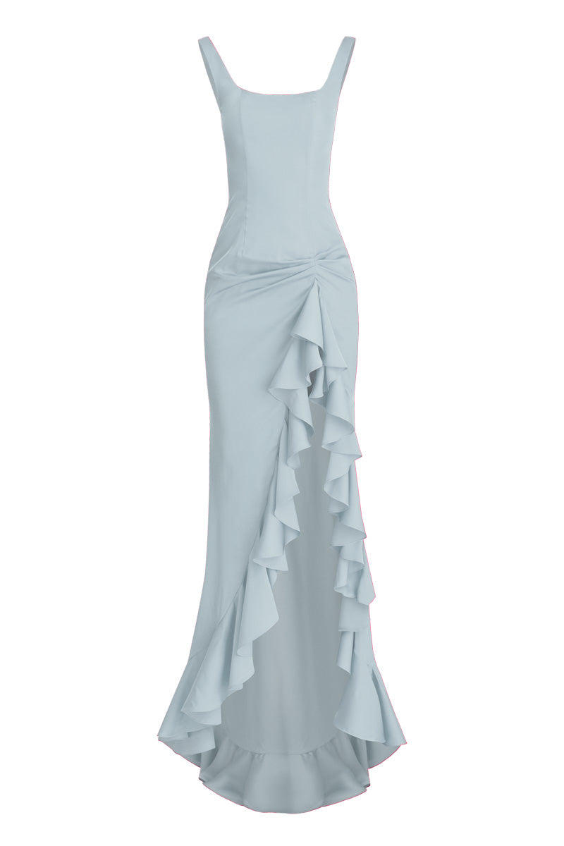 Blue ruffle slit maxi dress by Stolen Stores featuring flowing fabric and elegant design, perfect for summer or special occasions.