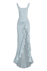 Blue ruffle slit maxi dress by Stolen Stores featuring flowing fabric and elegant design, perfect for summer or special occasions.