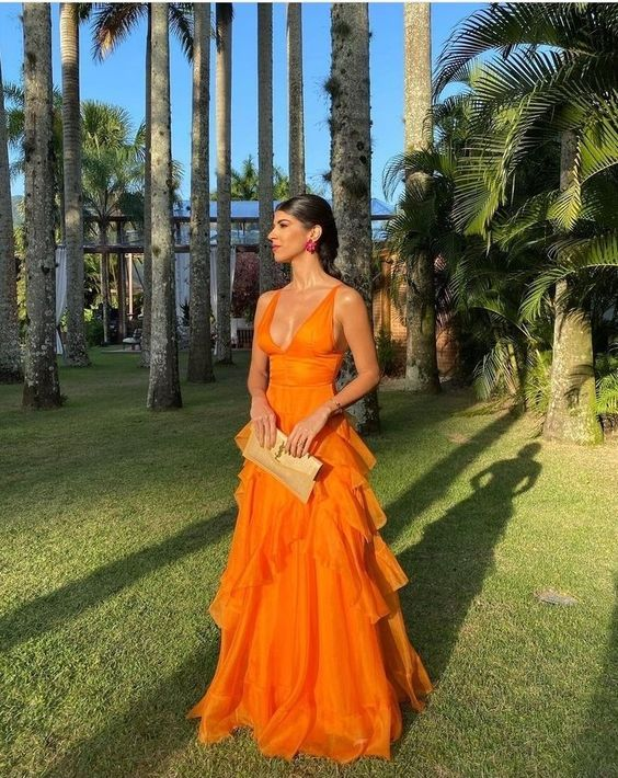 Ruffles Orange Long Prom Dresses V Neck Wedding Guest Dress 2195