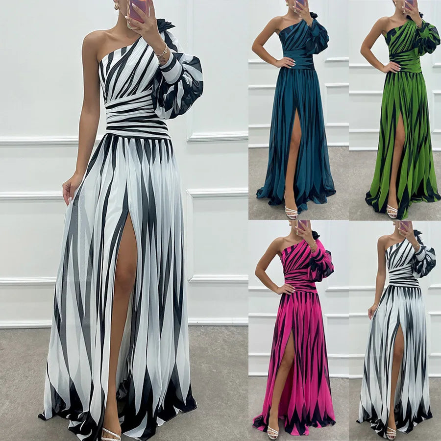 Dress Long Dress 2024 Spring and Autumn New Temperament Fashion Printed Slant Shoulder Split Dress INS Casual Loose Party Dress