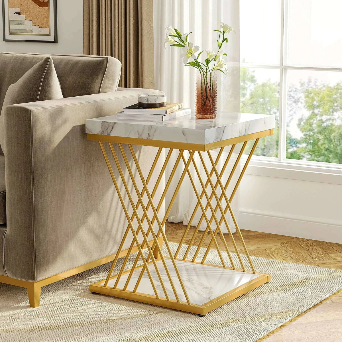 KIMLUD, Tribesigns Square Side Table White Gold Side Table Set of 2, 2-Tier End Table Modern Bedside Table Small Side Table, KIMLUD Womens Clothes