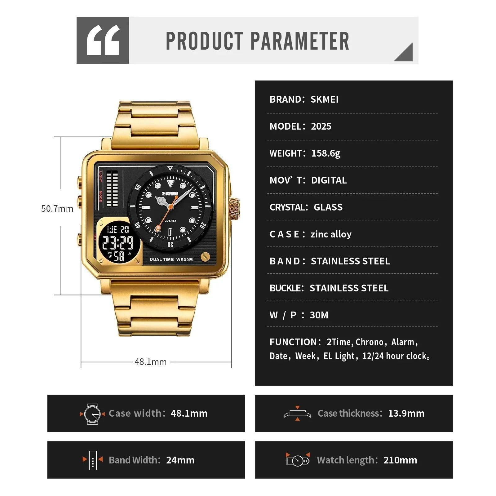 Trendsetter Casual 2 Display Chrono Hipster Waterproof Steel Bracelet Back Light Analog Digital Sport Watches - The Jewellery Supermarket