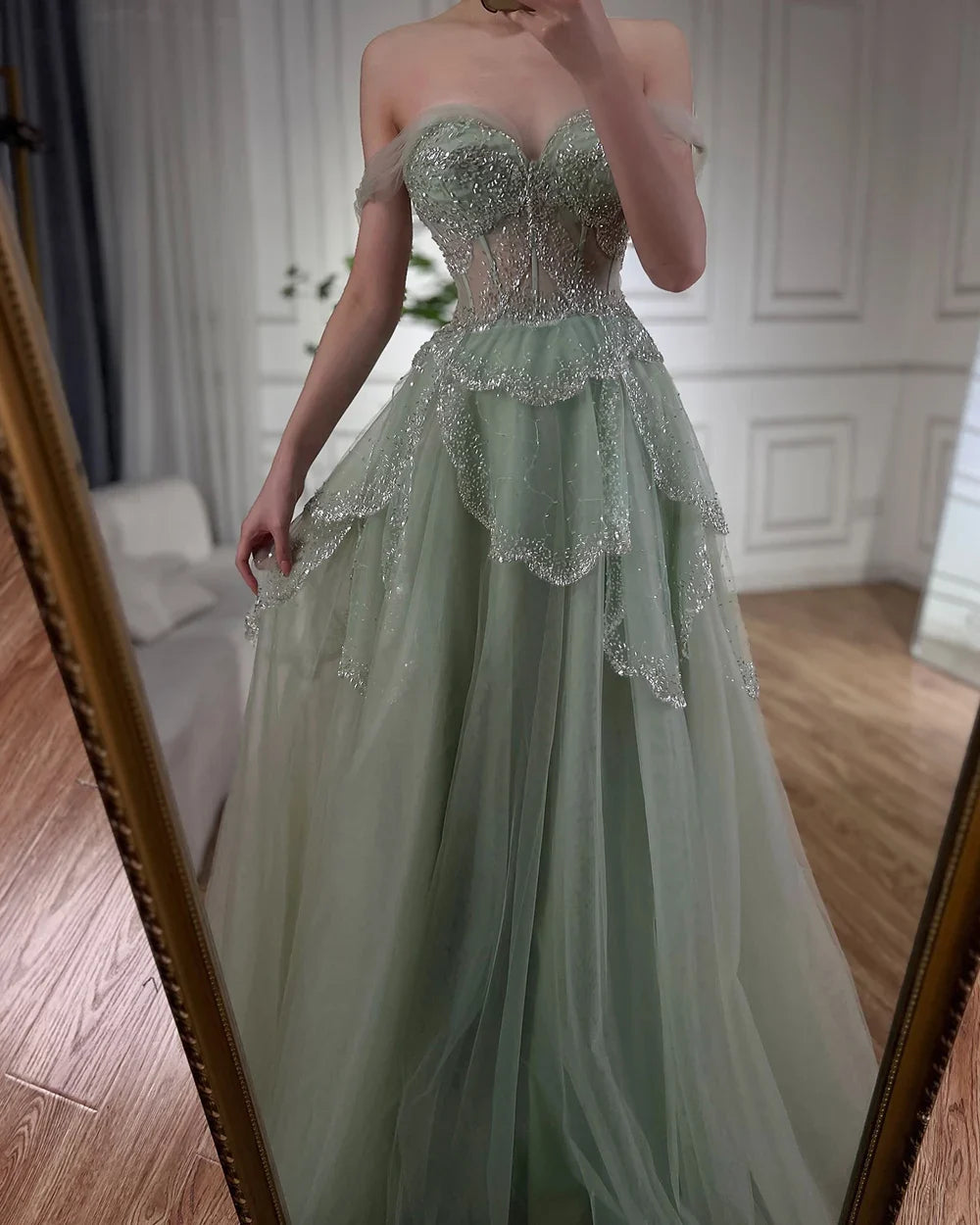 Off-the-Shoulder A-Line Evening Dress with Beading – Floor-Length Wedding Gown