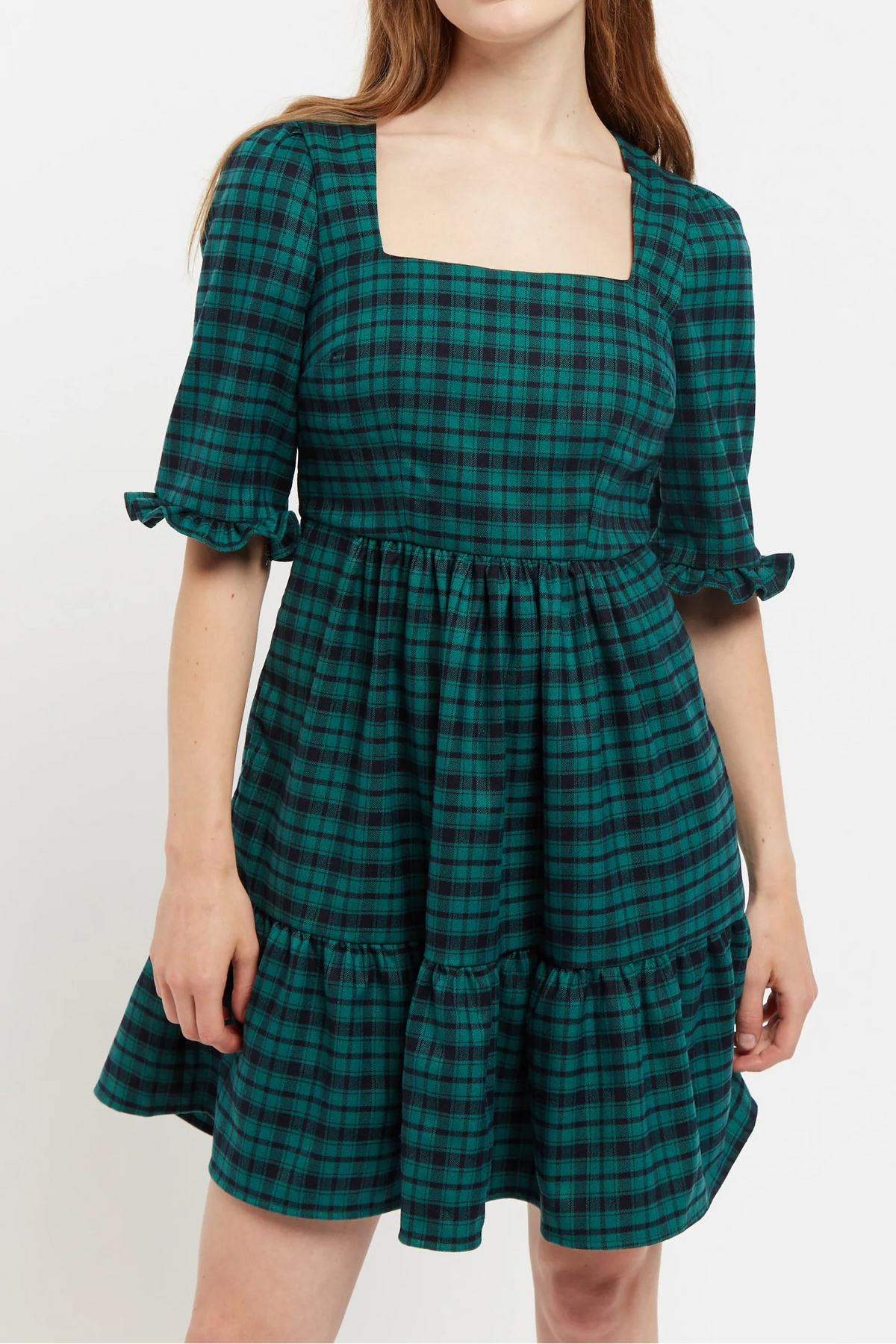 Sassa Winter Gingham Tiered Mini Dress in Green and Black - Front