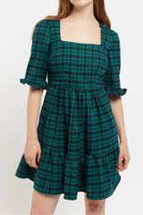 Sassa Winter Gingham Tiered Mini Dress in Green and Black - Front