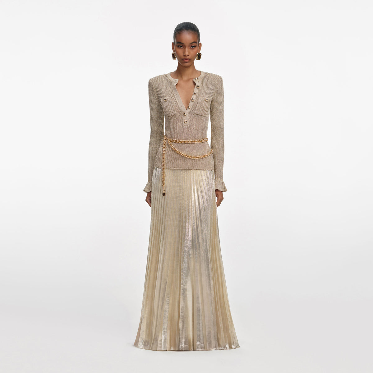 Front view of a woman wearing the Gold Lurex Ribbed Knit Maxi Dress