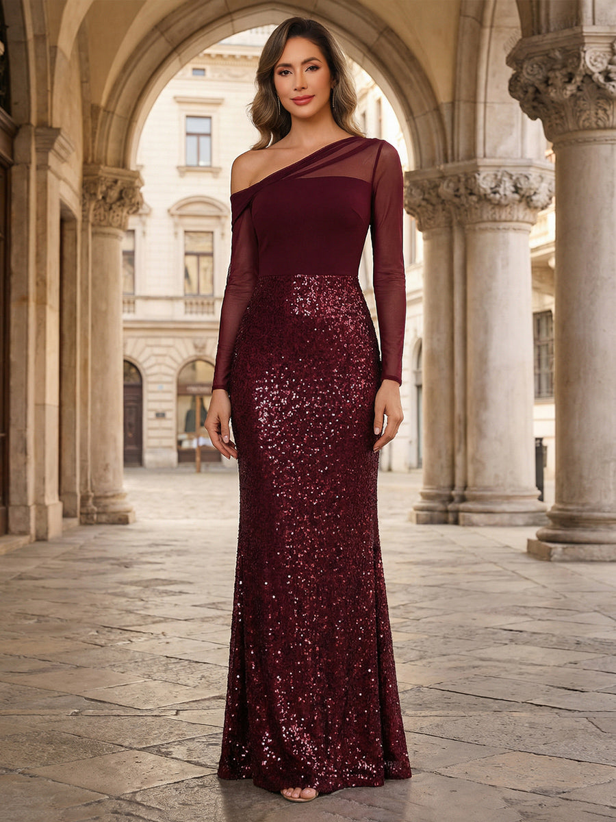 Sheath One-Shoulder Long Sleeve Floor Length Mixed Mother of the Bride Dresses