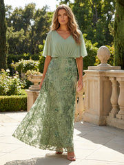 Short Sleeve V-Neck Lace Appliques Chiffon Mother of the Bride Dresses