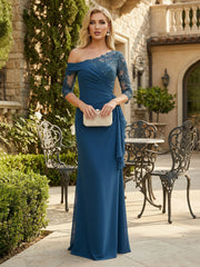Sheath Chiffon 3/4 Sleeves Maxi Mother of the Bride & Groom Dresses with Ruffles & Lace Embroidery