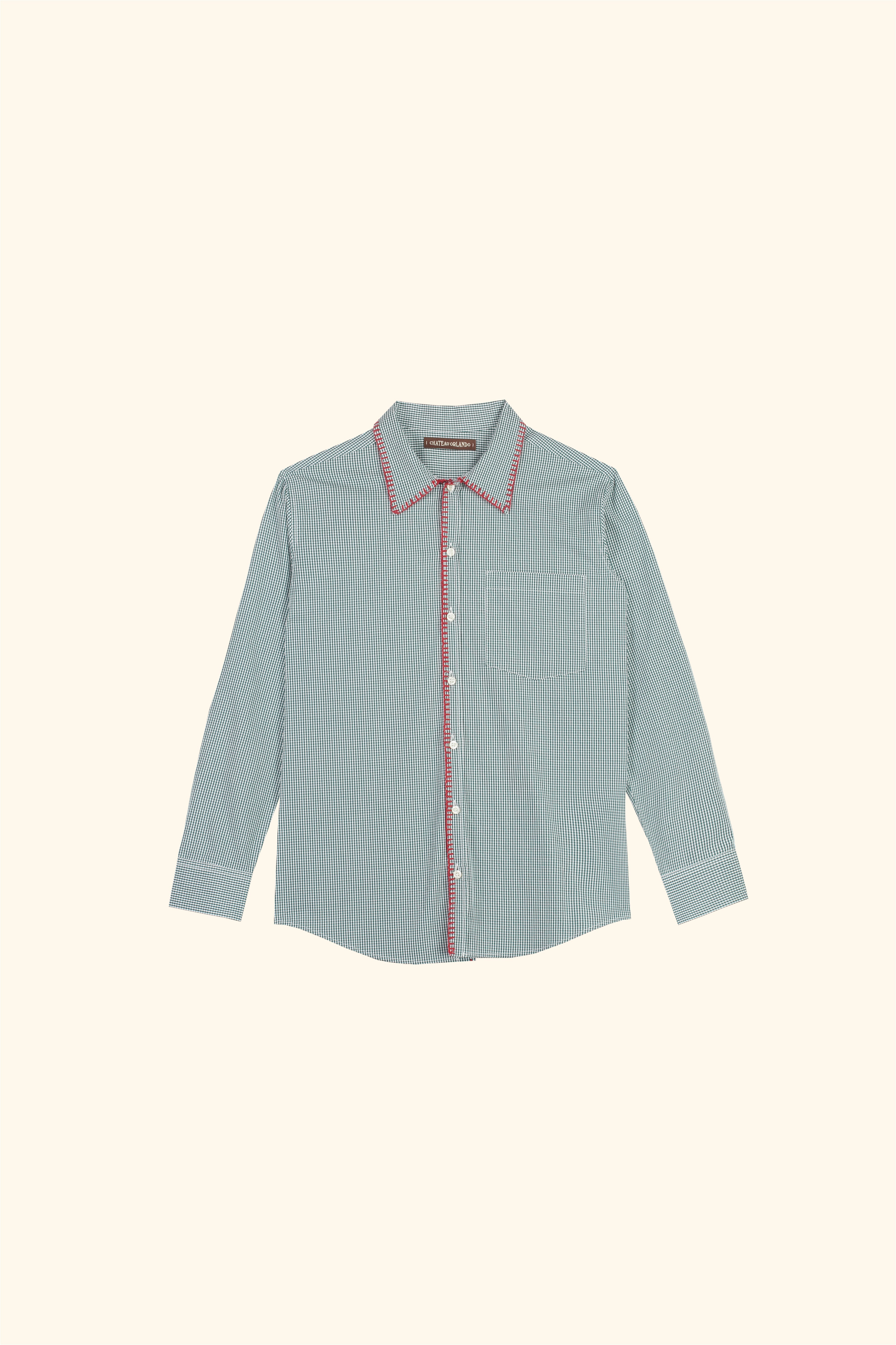 A cotton gingham long sleeved shirt with a elastic waistband and blanket stitch detail on the collar.