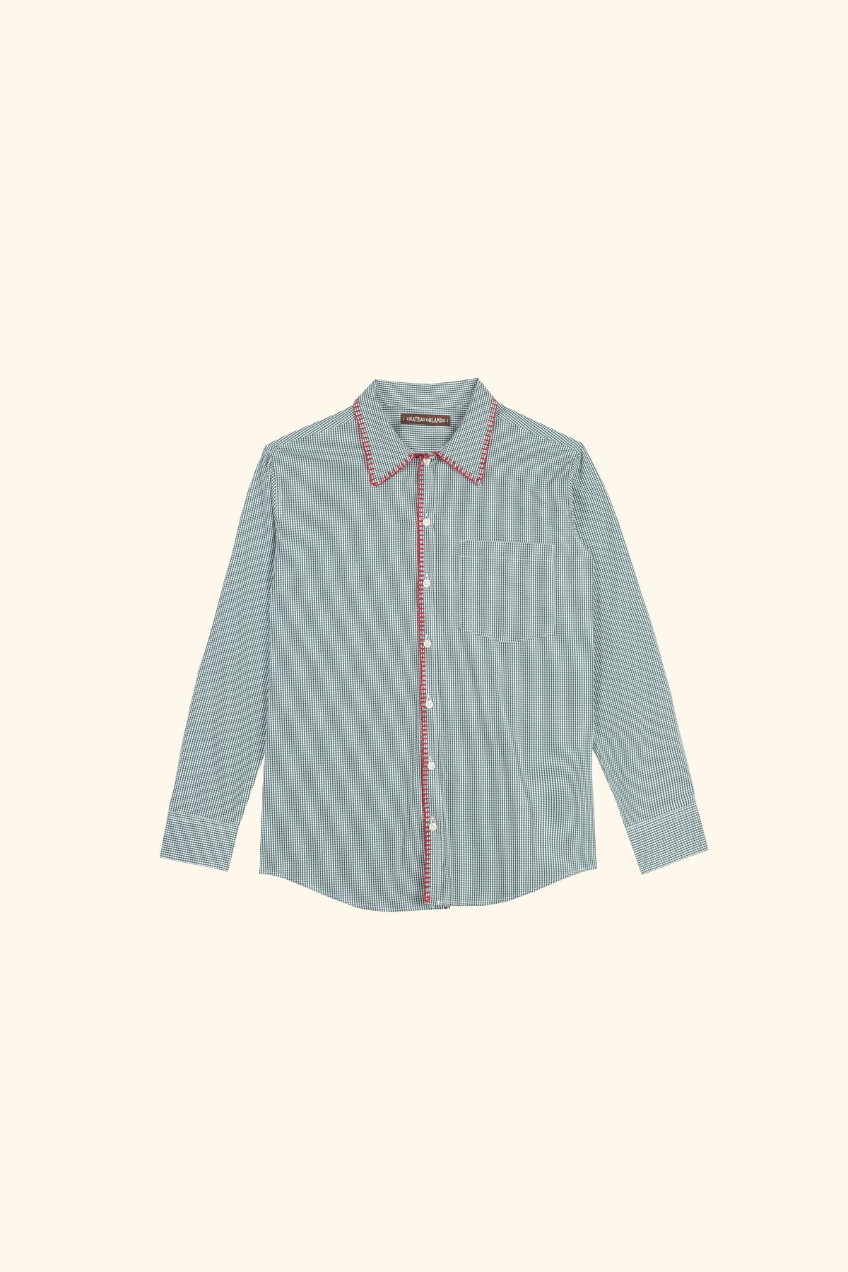 A cotton gingham long sleeved shirt with a elastic waistband and blanket stitch detail on the collar.