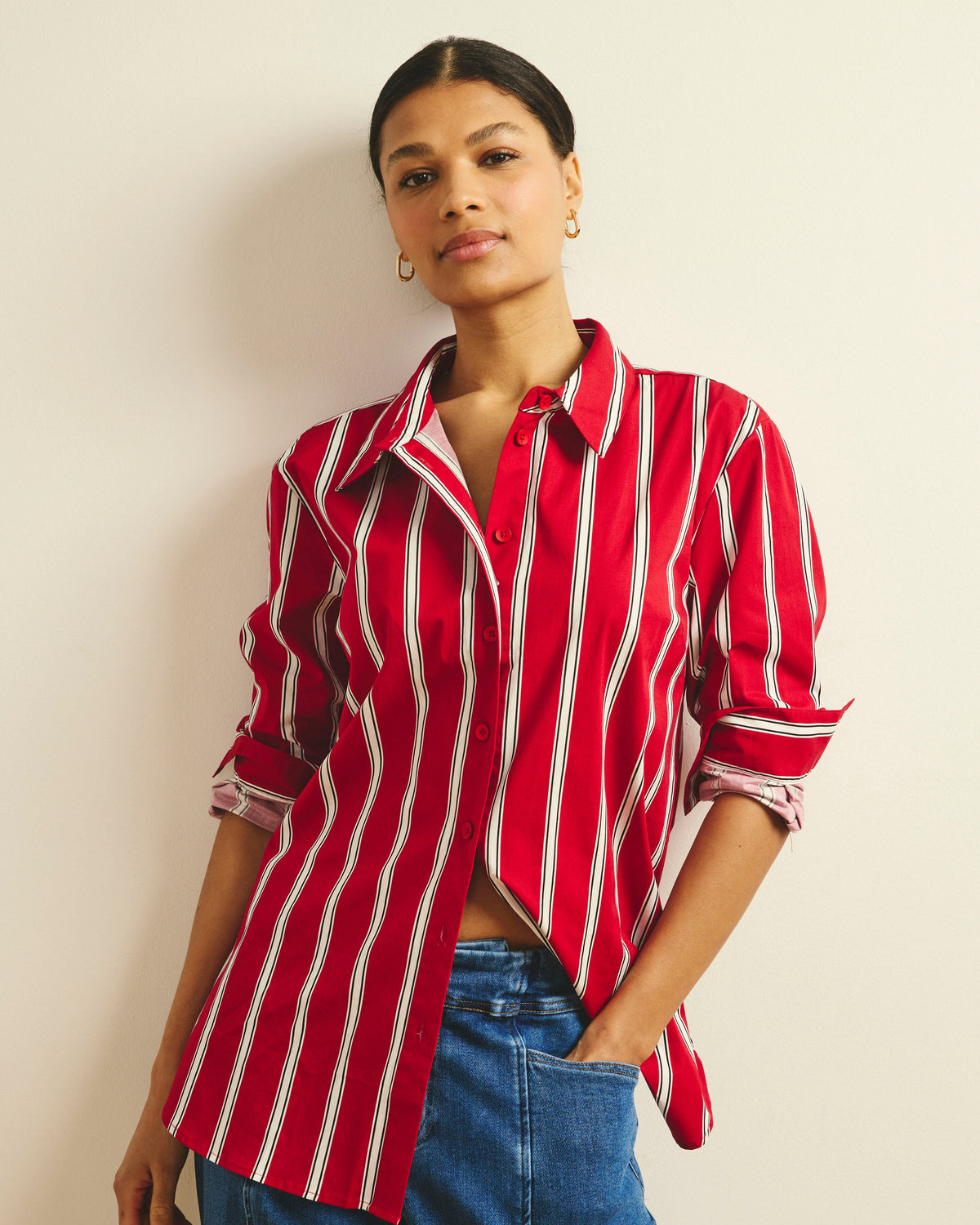 The Artist Poplin Shirt - Red/Black/White Stripe | Plus Size & Straight Size Women's Fashion | Universal Standard
