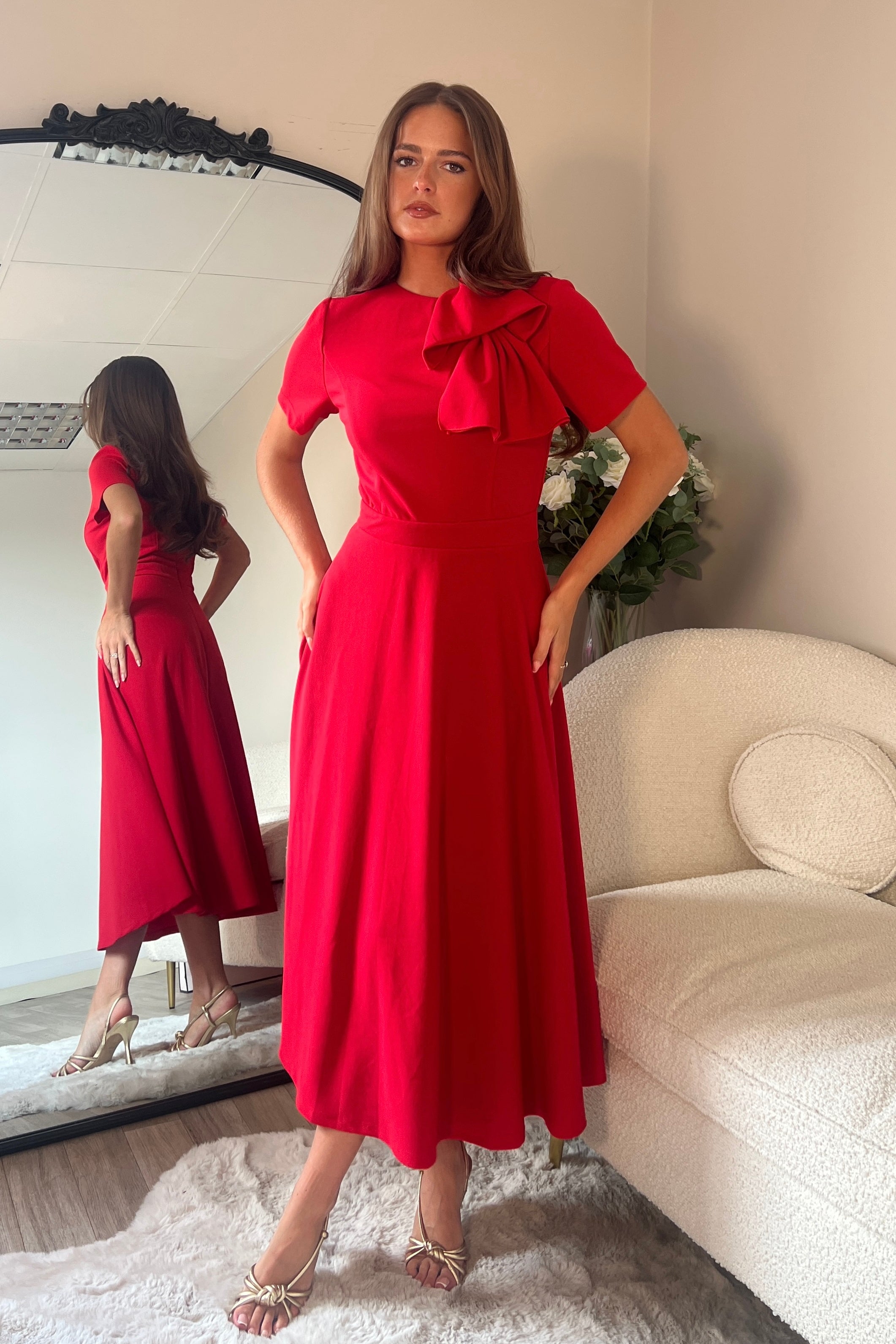 Minta Bow Detail Short Sleeve Midi Dress Red