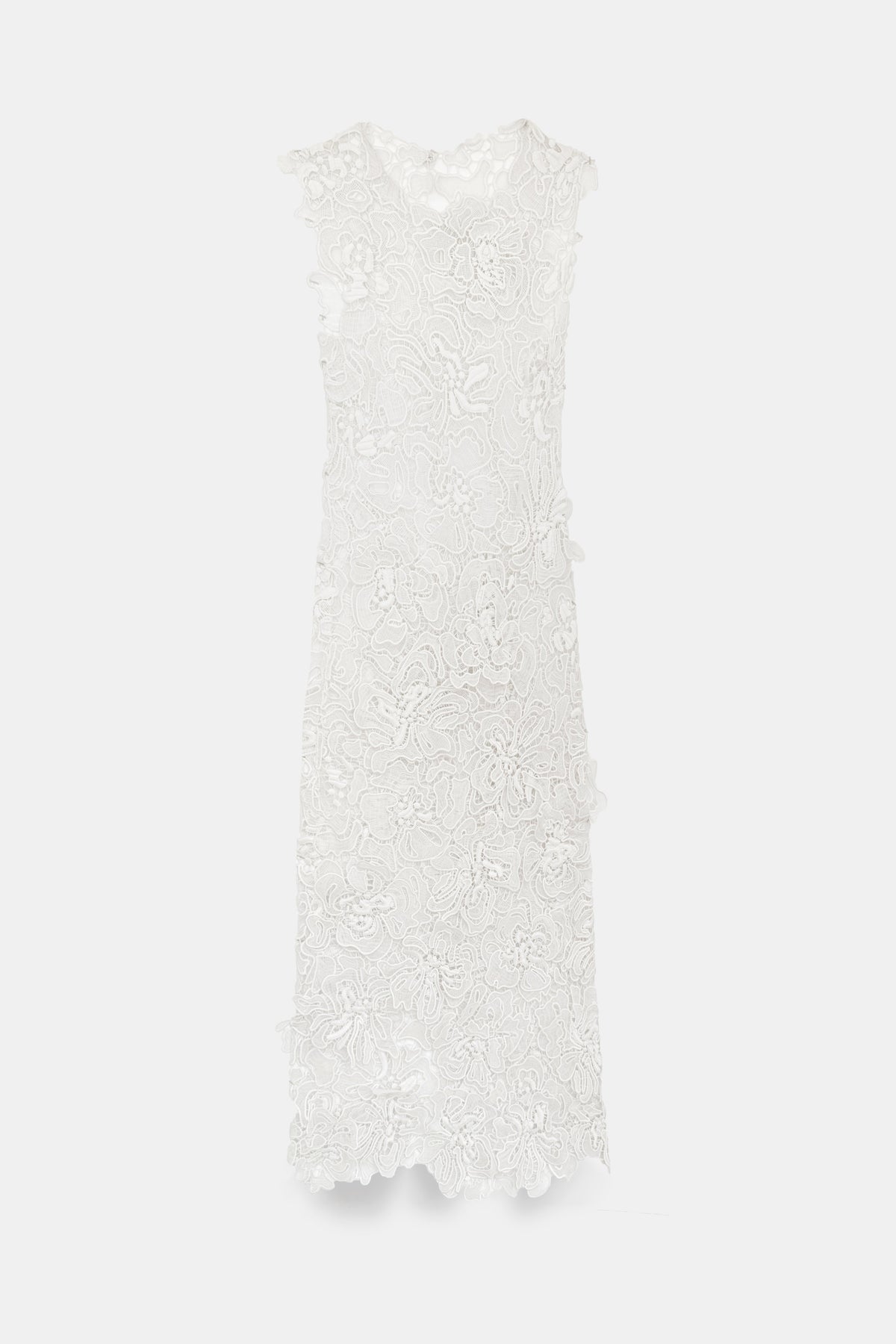 White lace midi dress with intricate floral pattern, sleeveless design, and scalloped hem.