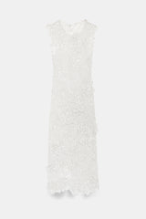 White lace midi dress with intricate floral pattern, sleeveless design, and scalloped hem.