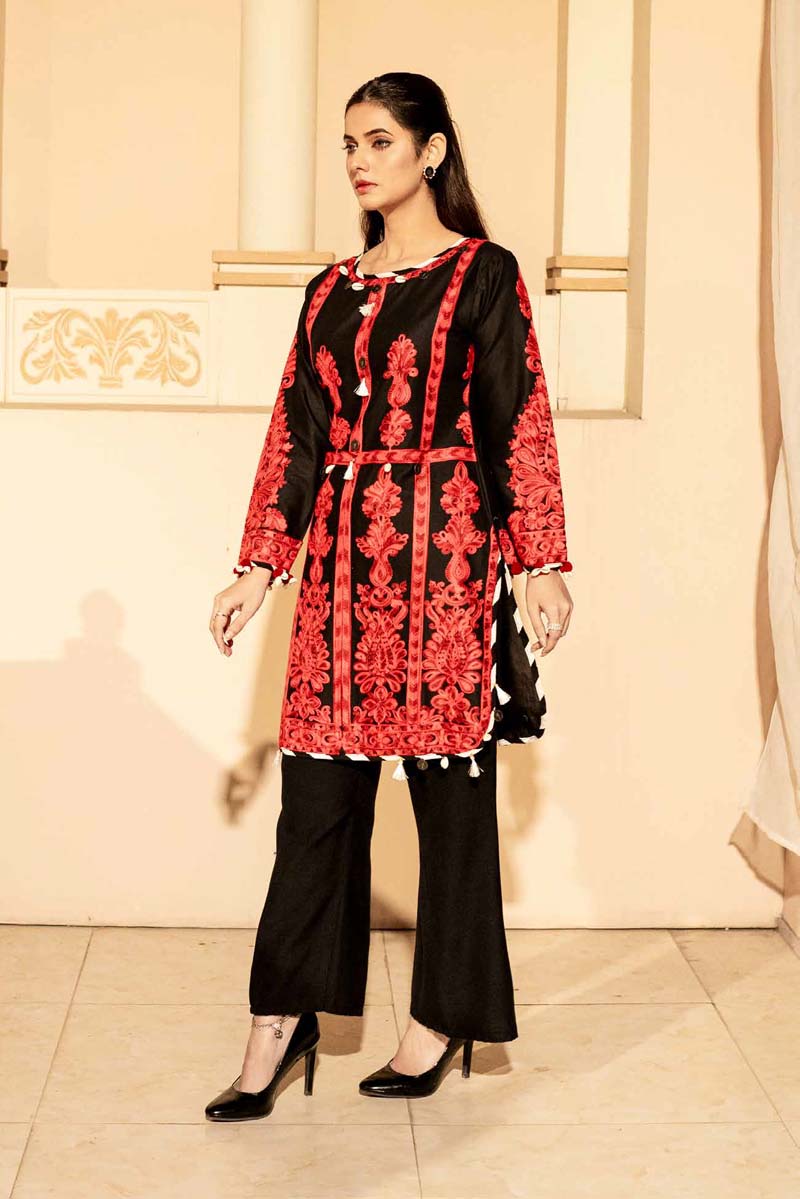 Ethnic Inspired Pakistani Lawn Embroidered Kurta Red and Black - Desi Posh