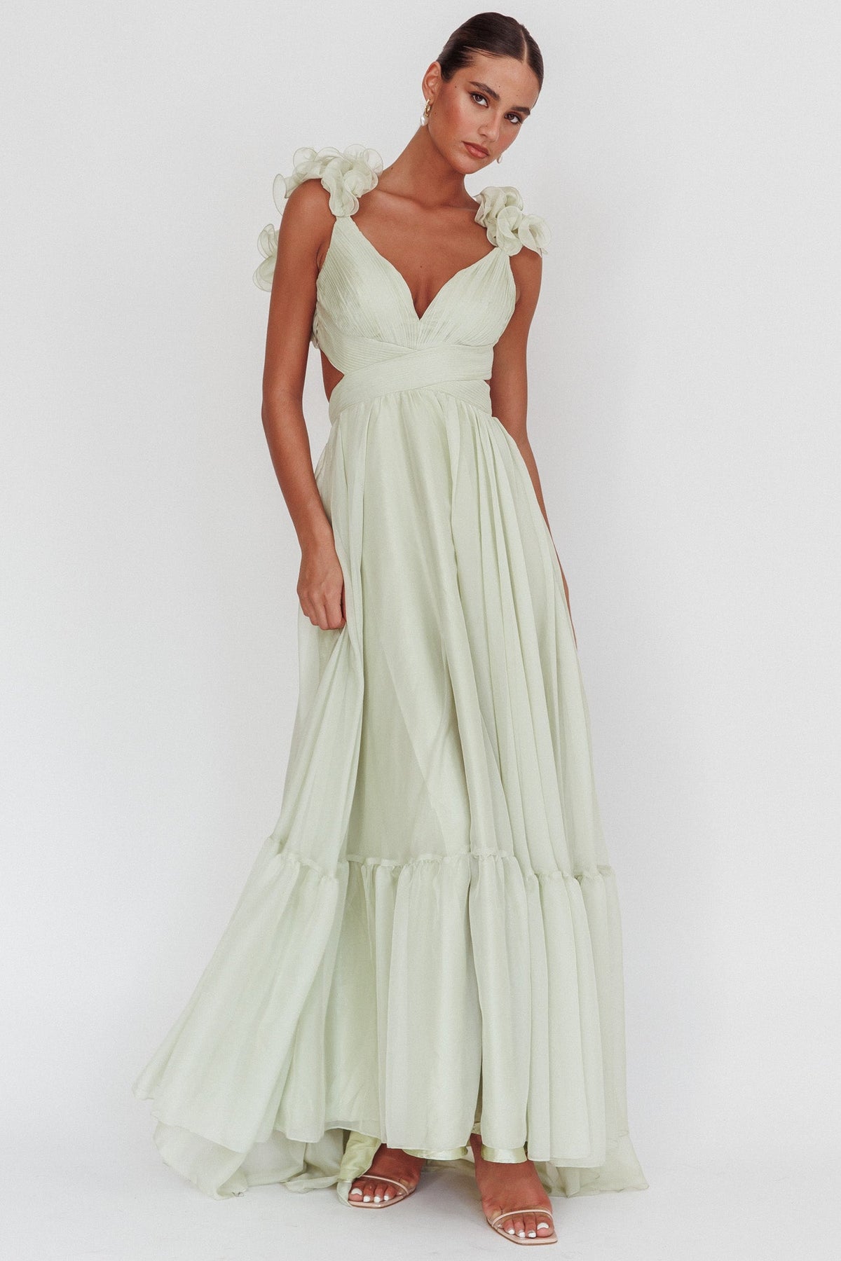 Bellamy Lace-Up Back Ruffle Maxi Dress Sage by Selfie Leslie