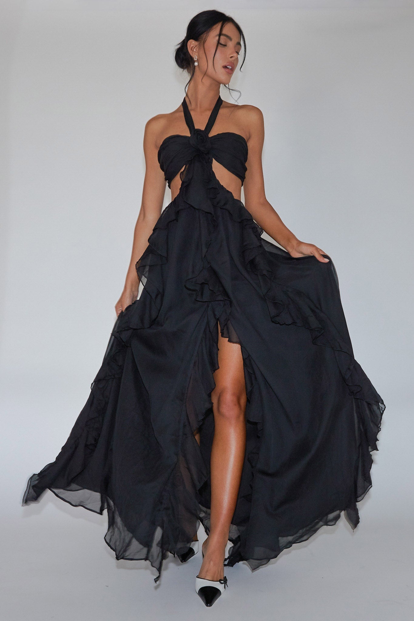 Santiago Cut-Out Ruffle Maxi Dress Black by Selfie Leslie
