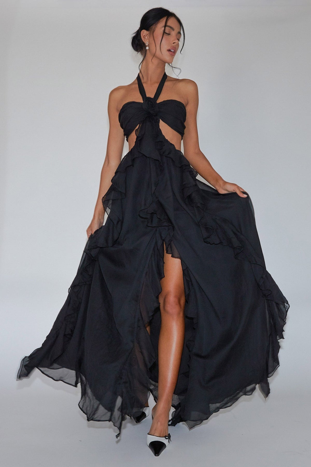 Santiago Cut-Out Ruffle Maxi Dress Black by Selfie Leslie